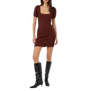 NWT FRENCH CONNECTION bitter chocolate short puff sleeves ribbed knit dr…